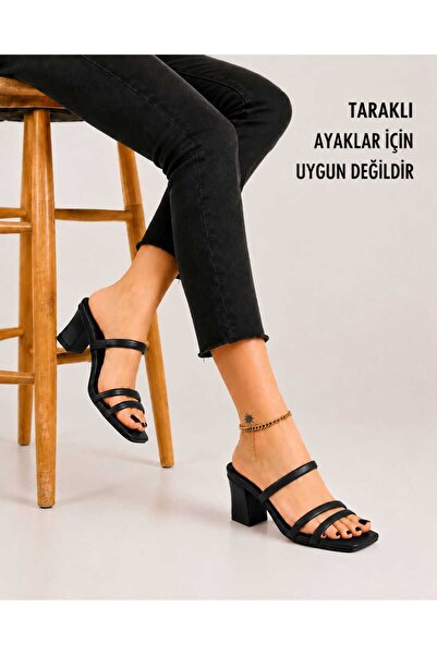 NORALUX Üç Bantlı Topuklu Kadın Terlik – Siyah