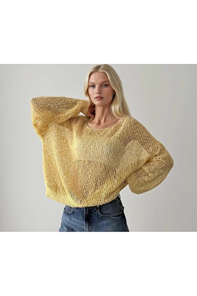 Sibel Günay Butik Women's Mesh Knitted Lace Rope Boat Neck Yellow Blouse - St...