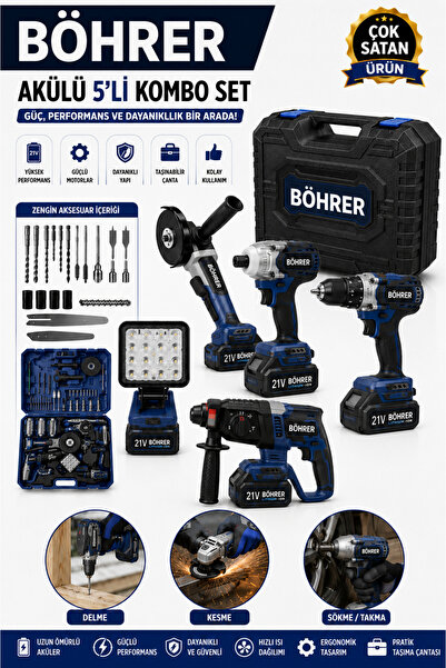 BÖHRER PRO KOMBO 5 Lİ SET - 36V 5AH YENİ MODEL AKÜLÜ EL ALETLERİ SETİ