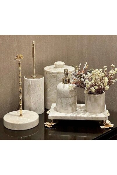 veloraliving DEKORATİF DOĞAL BEJ MERMER 6 PARÇA GOLD GİNKO BANYO SETİ