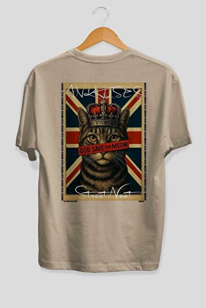 Ankhises For the Love of Cats 65 Cats Printed Beige Oversize T-Shirt 100% Cot...