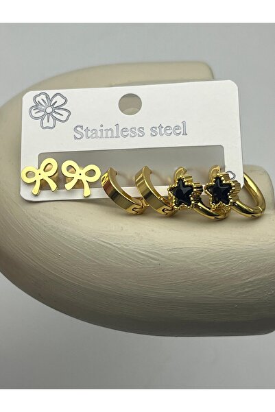 BİJU YILMAZ 26Clk39 Black Starry Steel Earring Set