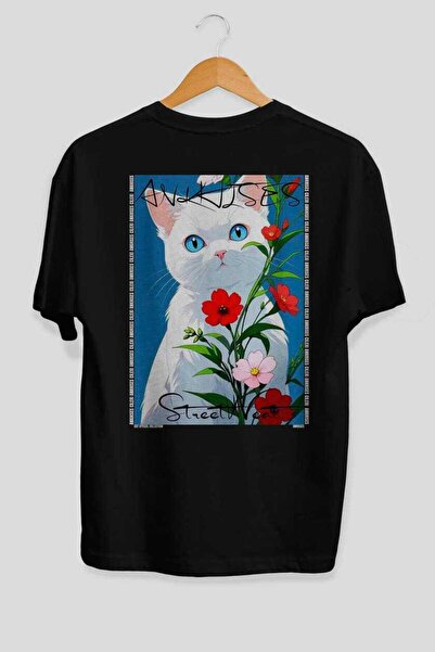 Ankhises For the Love of Cats 115 Cat Printed Black Oversize T-Shirt 100% Cot...