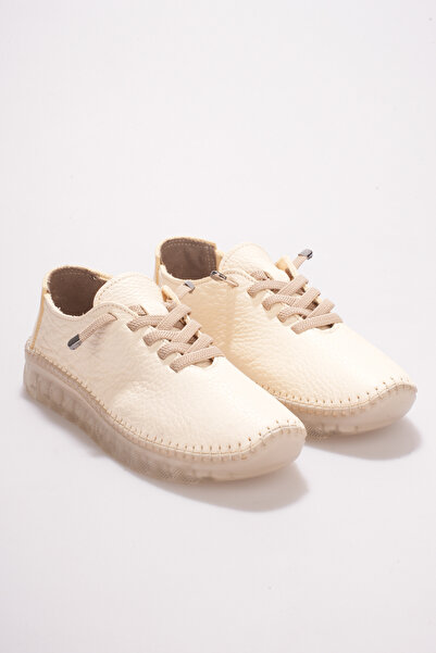SEFERİ Women's Beige Genuine Leather Flexible Lace-Up New Sneakers - Comforta...