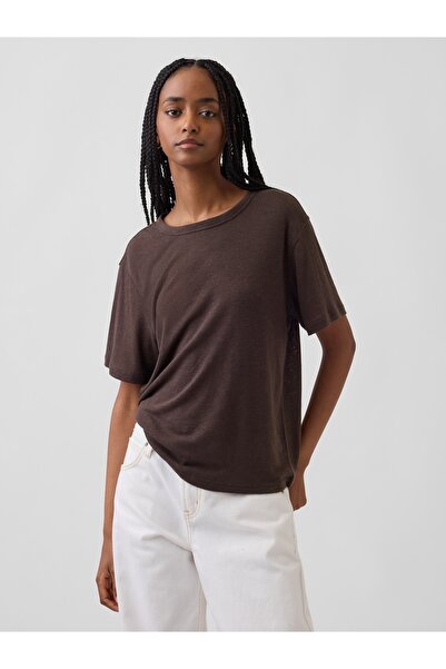 GAP Kadın Kahverengi Keten Karışımlı Relaxed T-Shirt