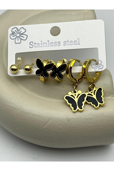 BİJU YILMAZ 26Clk42 Black Butterfly Detailed Gold Steel Earring Set