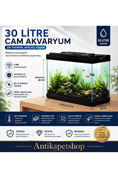 Antikapetshop 50 Cm - 30 Litre - Kapaklı AKVARYUM