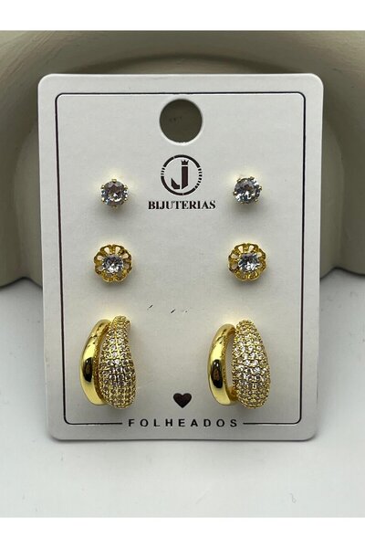 BİJU YILMAZ 26Vipkp82 -Set of 3 Gold Zircon Steel Earrings