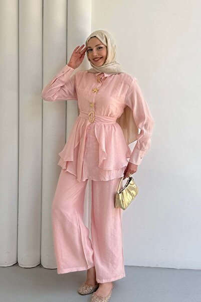 Modaensarbutik Gold Aksesuarlı Pantolonlu Tesettür Takım-PEMBE