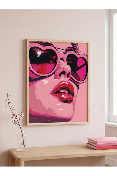 DEKORASOR Modern Pembe Kalp Gözlüklü Kadın Ahşap Çerçeveli Tablo Pop Art Este...