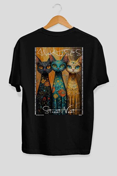 Ankhises 46 Cats for the Sake of Cat Love Printed Black Oversize T-Shirt 100%...