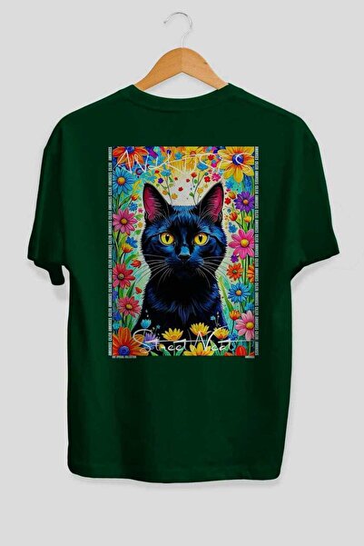 Ankhises For the Love of Cats 17 Cats Printed Green Oversize T-Shirt 100% Cot...