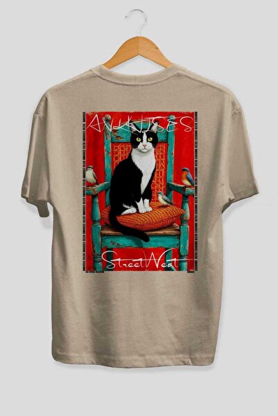 Ankhises 49 Cats for the Sake of Cats Printed Beige Oversize T-Shirt 100% Cot...