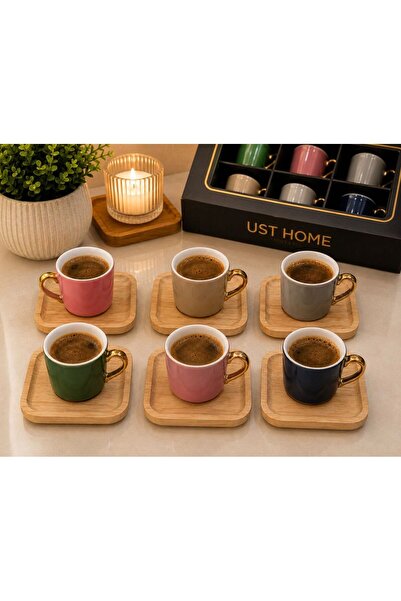 USTAOGLUHOME Porcelain Coffee Cup for 6 People with Bamboo Sauces