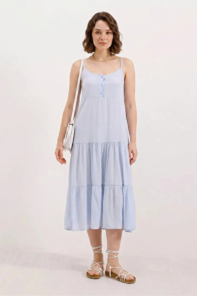 buğrahayalin Women's Strappy Gathered Midi Length Blue Dress