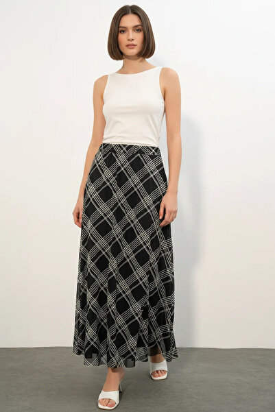 Efnaz style Women's Round Neck High Waist Striped Pattern Chiffon Black Skirt