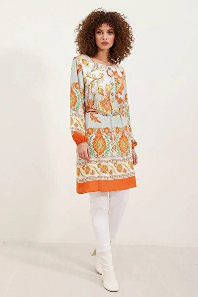 buğrahayalin Women's V-Neck Belted Floral Patterned Viscose Orange Dress