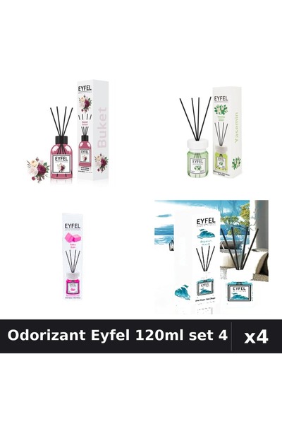 Eyfel Set 4 Odorizant Cameră cu Bețișoare 120ml - Bouquet, Iasomie, Bubble Gu...