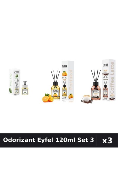 Eyfel Set 3 Odorizant Camera cu Betisoare 120ml - Cafea, Lacramioare, Portocala