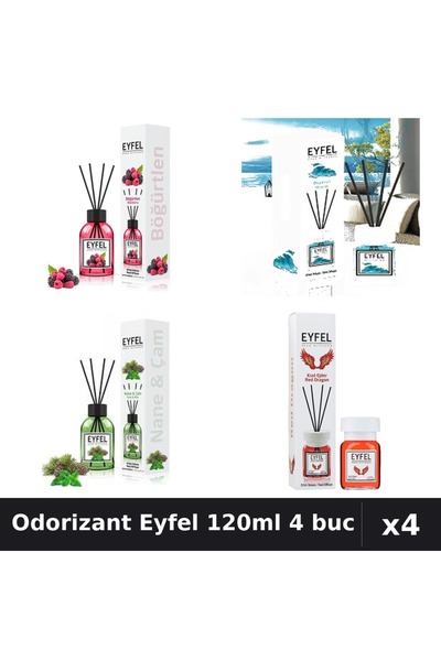 Eyfel Set 4 Odorizant Camera Betisoare 120ml - Fructe Pădure, Ocean, Pin Mentă