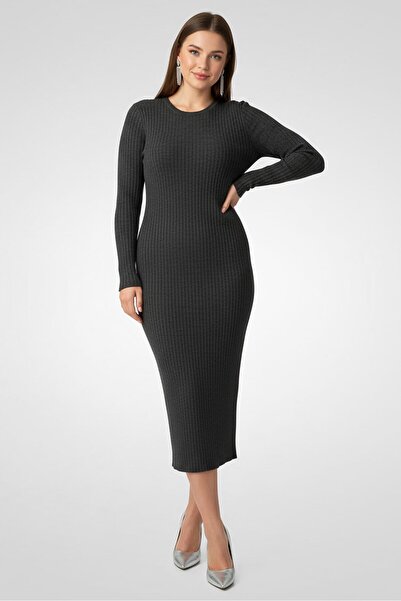 Aqua Women Ribbed Midi Sweater Dress, Grey