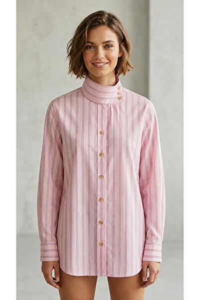 VERYMODA Pink Striped Stand Collar Oversize Women's Shirt |   F2108