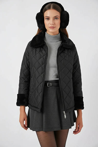 buğrahayalin Women's Hooded Quilted Black Coat with Plush Detail