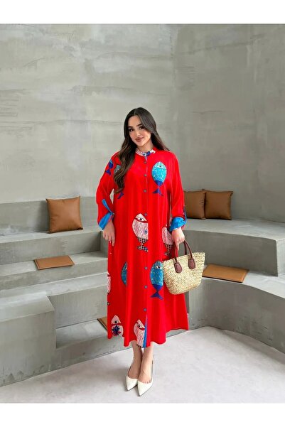 hazelin Women's Red Plus Size Fish Pattern Single Size Viscose Fabric Shirt D...