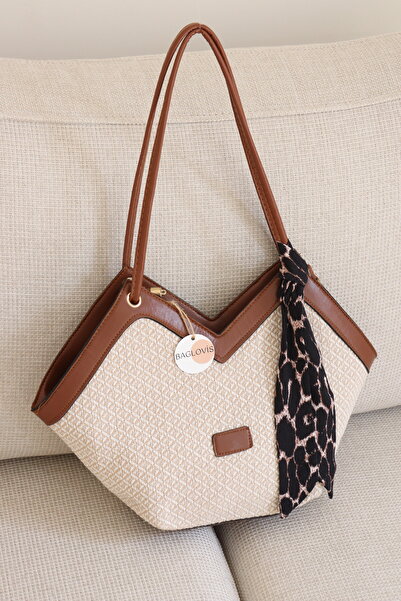 BAGLOVİS Women's Scarf Shoulder Bag Straw Textured Large Daily Tote Bag En41 ...