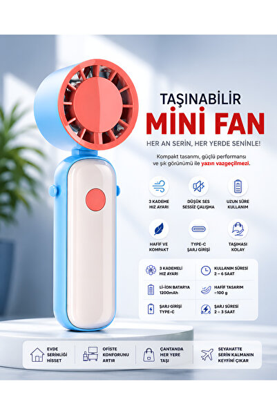 Dexmon Taşınabilir Mini Fan Şarjlı Askılı El Vantilatörü 3 Kademeli Sessiz Gü...