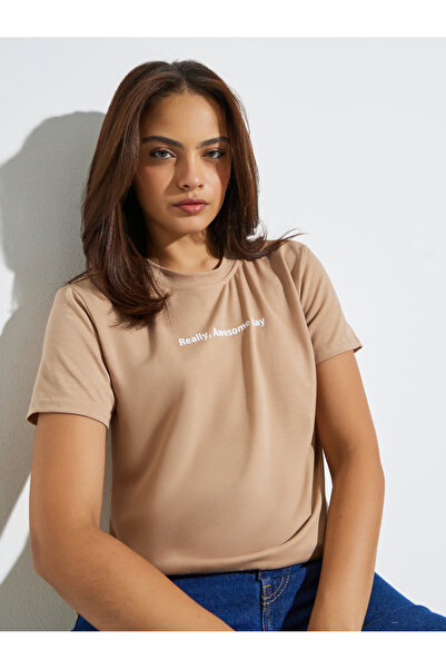 Styli Brown Slogan Print Regular Fit T-Shirt