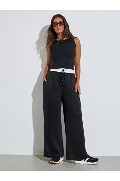Styli Black Wide Leg Joggers with Drawstring