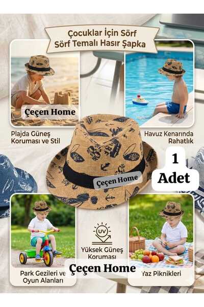 ÇEÇEN HOME (1 komad) Dječji slamnati šešir sa surf temom, fedora šešir za deč...