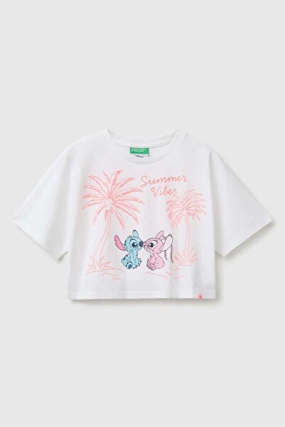 United Colors of Benetton تي شيرت قصير مطبوع عليه Lilo & Stitch للفتيات باللو...