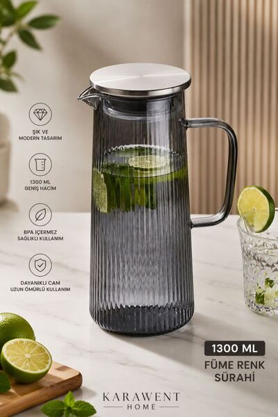 KaraWent Home Füme Renk Cam Sürahi 1300 ML Filtre Kapaklı Damlatmaz Isıya Day...