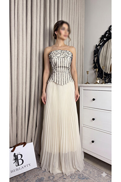 TOP BERLANTY Off White Evening Dress with Black and White Pearl Embroidery an...