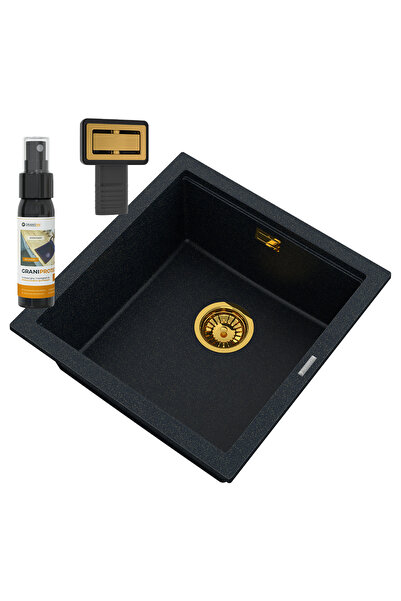 Granitan TUGA Tuga48 granite sink, black with gold particles, with gold siphon