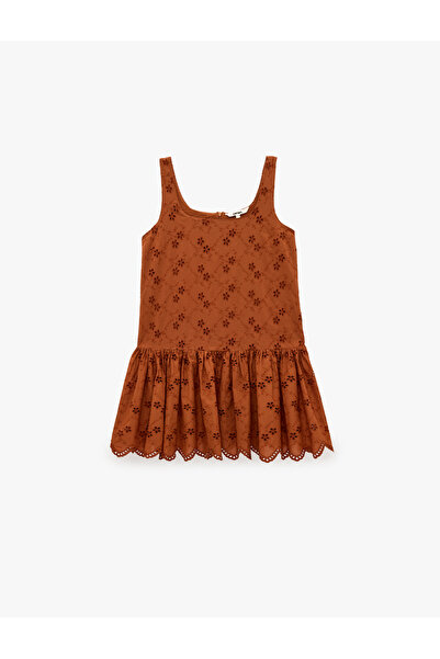 Koton Cotton Square Collar Embroidered Scalloped Thick Strap Ruffle Mini Dress