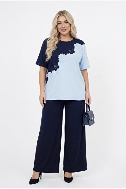 Koza Butik Women's Plus Size Short Sleeve Floral Embroidery Two-Color Tracksu...
