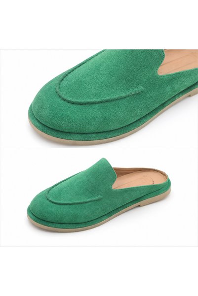 a ayak&kabım official Mule Genuine Leather Green Suede Women's Slippers Comfortable Fit Daily Lightweight Women's Shoes