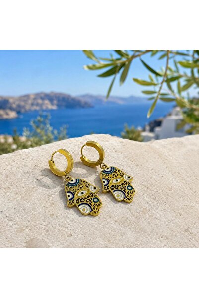 Shinestar atelier Nazar Detaylı Fatma Ana Eli Kadın Küpe Gold Renk Çelik Küpe...