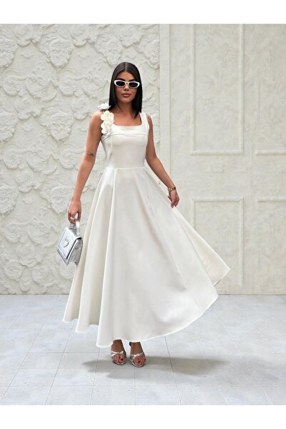Fleurs Chic Çiçek Detaylı Şık Midi Elbise Davet Nikah