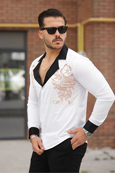 BAYIM Kruvaze Yaka Detaylı Slim Fit Taş Baskılı ve Çizgili Tasarım Erkek Gömlek