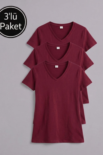 FHELIA Women's V-Neck Cotton 3-Pack T-Shirt