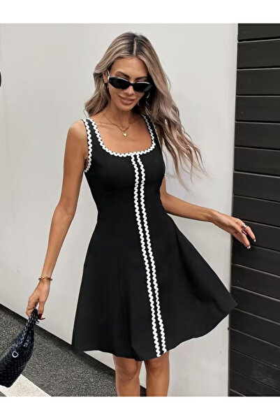 Efnaz style Women's Strappy Round Neck Stripe Patterned Short Kilos Dress