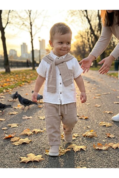 INFANT Beige shirt and pants Top Bottom Set with detachable collar Concept