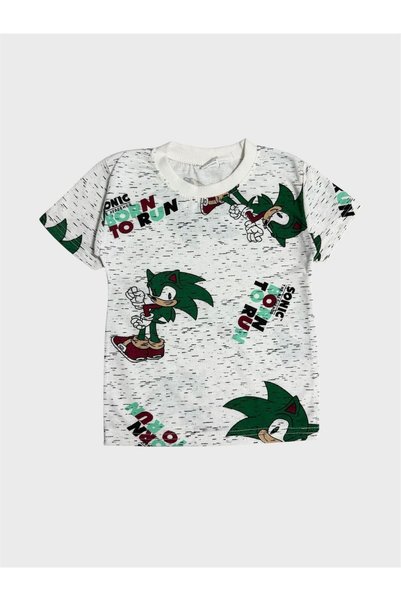 tusem butik homewear Boy's Cotton White Green Sonic Patterned Short Sleeve Summer Shorts Pajama Set