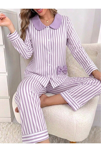 BIT1 Bet1 Women's 2 Piece Striped Print Lounge Wear Set Shirt and Pants
