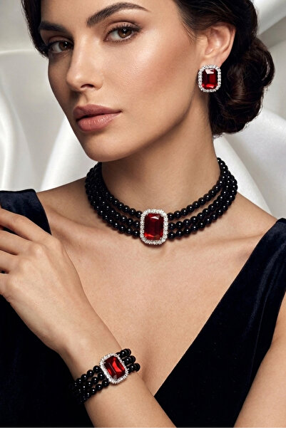 Happyline Baget Bordo Taşlı Siyah İncili Choker Set Takım, Siyah Cam İncili K...