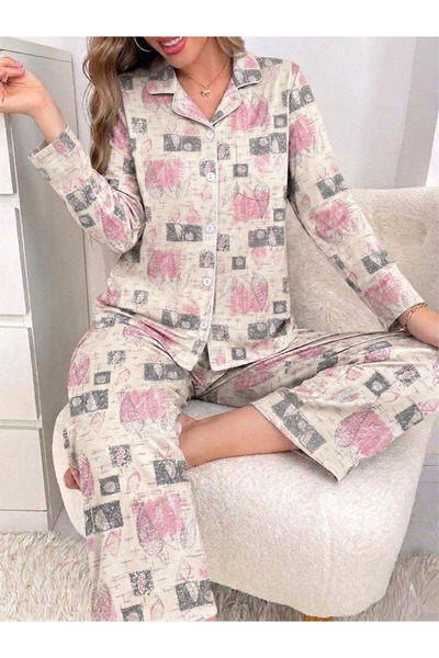 BIT1 Bet114300 Women's Two-Piece Pajamas Leaf Print Geometric Pattern Top and...